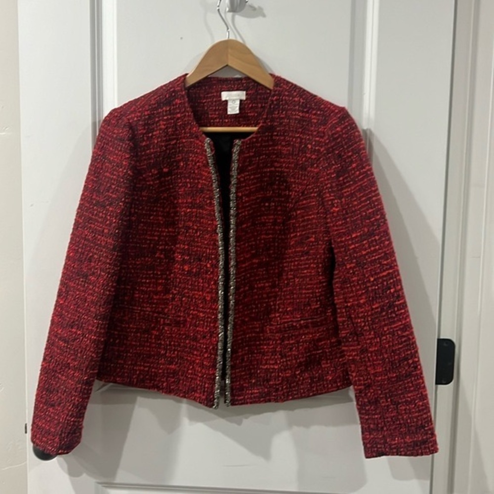Never been worn. 
Chico’s open front blazer with beaded trim
Size 0 = S/4